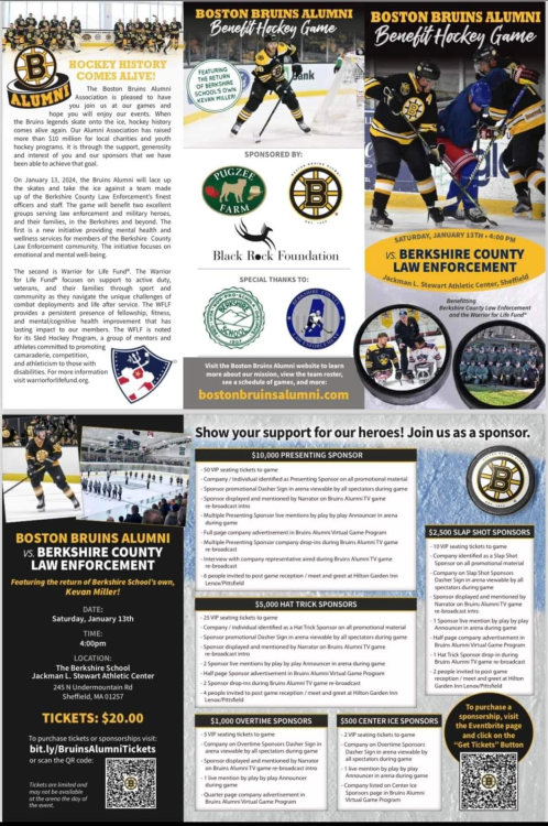 Boston Bruins Alumni vs. Law Enforcement Hockey on Saturday, January 13th 2024