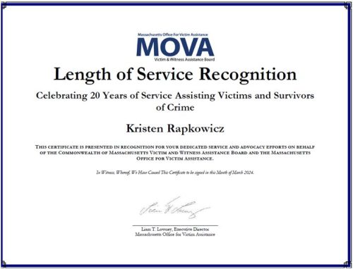 Kristen Rapkowicz Honored for 20 Year's of Service